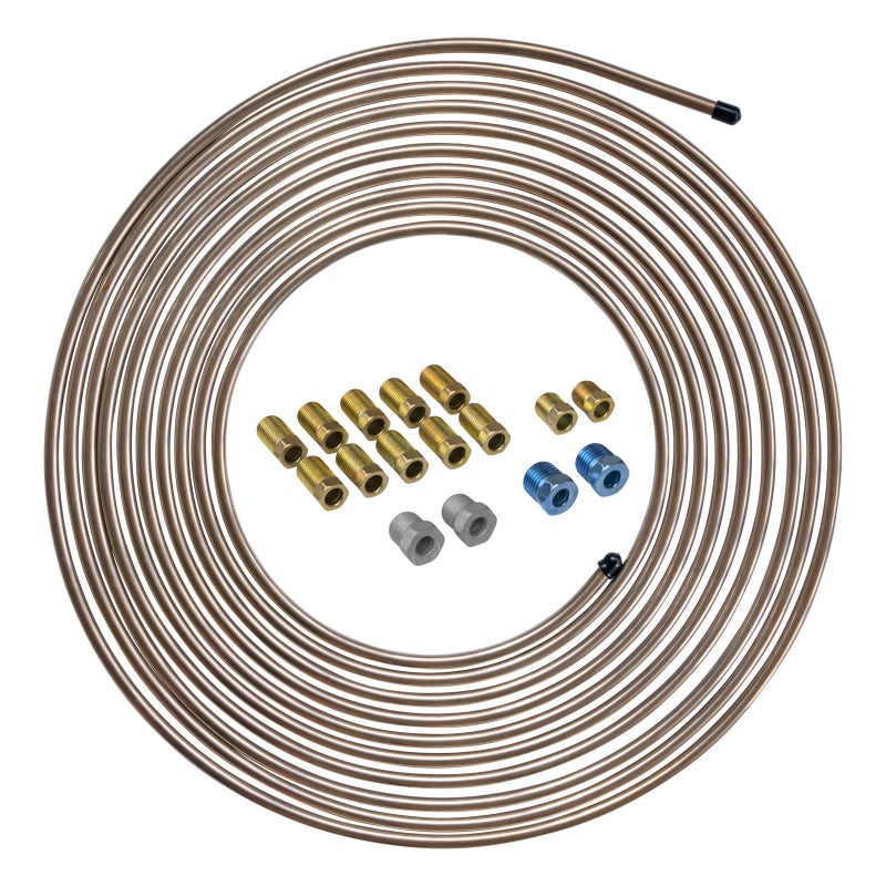 4LIFETIMELINES 25 ft 1/4 True Copper-Nickel Alloy Non-Magnetic Brake Line Replacement Tubing Coil and Fitting Kit, 16 Fittings Included, Inverted Flare, SAE Thread, 0.028 inch wall thickness - Image 1